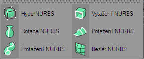 Obrázek 4.12: Podskupina ikony NURBS V pořadí čtvrtou ikonou na paletě je Modelování (Modeling), obrázek 4.9, poskytuje nám dalších devět nástrojů. Tato podskupina je znázorněna na obrázku 4.13.