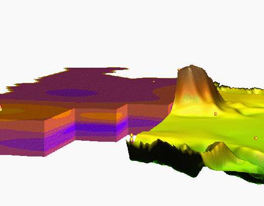 Na Obrázek 3 je ukázán převod 2D vrstev do volumetrického rastru pomocí modulu r.to.rast3 na Obrázek 4 je ukázka modelu geologických vrstev vytvořených v GIS GRASS.