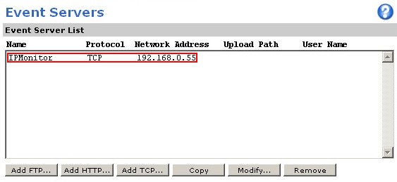 5. Zvolíme sekci Event Servers a stiskneme tlačítko AddTCP 6. V zobrazeném dialogovém okně vyplníme parametry: Name: IPMonitor Network address: 192.168.0.