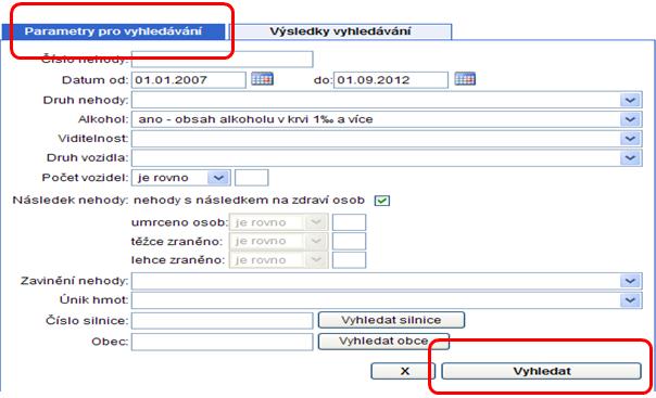 V záložce "Parametry pro vyhledávání" uživatel zadá parametry a po