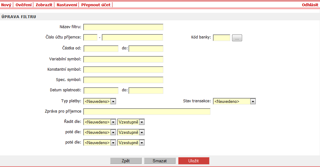 Pro upravení filtru klikněte pod nápisem Seznam příkazů k úhradě na tlačítko Upravit vedle rozbalovacího výběru filtrů a tlačítka Aplikovat.