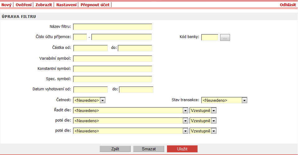 Po kliknutí na tlačítko Upravit se zobrazí formulář pro zadání filtračních dat a výběr sloupců řazení.