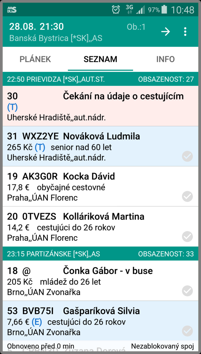 11 3.2.3 Záložka SEZNAM Záložka Seznam zobrazuje údaje o všech cestujících (Obrázek 3.2.3.1).