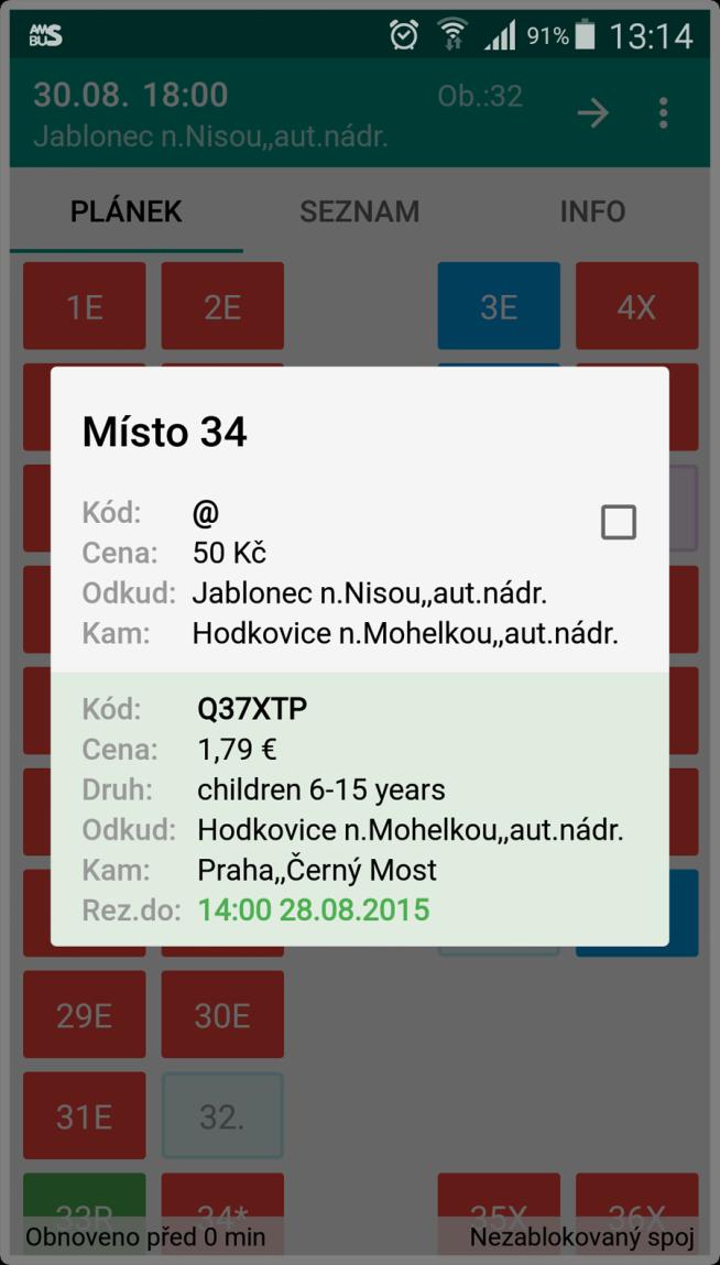12 3.2.4 Detail místa Detail místa se otvírá kliknutím na obsazené místo v Plánku (Obrázek 3.2.4.1) nebo na záznam o cestujícím v Seznamu (Obrázek 3.2.4.2).