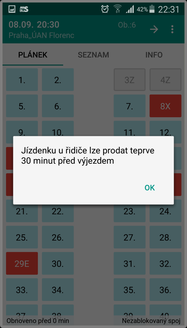 16 3.3.1 Prodej jízdenek řidičem Při zapnutém módu Prodej u řidiče jsou v záložce Plánek aktivní i místa volná až do cílové zastávky (tyrkysová), obsazená z následujících zastávek (tmavě modrá) a