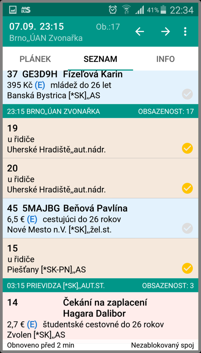 3.3.2 Zobrazení jízdenek prodaných řidičem V záložce Plánek jsou místa prodaná u řidiče hnědá s kódem obsazení Y (Obrázek 3.3.2.1).