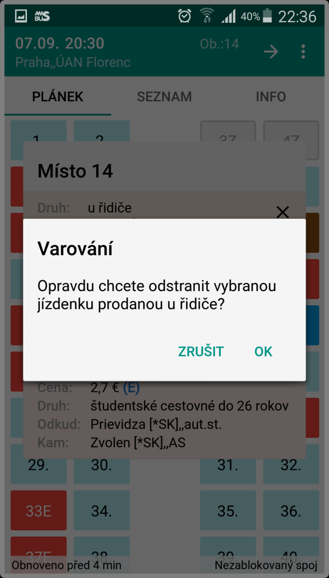 18 3.3.3 Odstranění jízdenek prodaných řidičem Pokud se řidič při označování prodaného místa splete, může záznam o prodeji jízdenky odstranit.