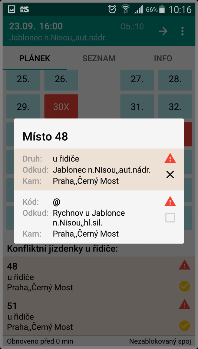 20 Konfliktní jízdenky prodané u řidiče a s nimi konfliktní jízdenky z předprodeje AMSBus jsou v mobilním zařízení označeny výrazným červeným trojúhelníkem s bílým vykřičníkem.