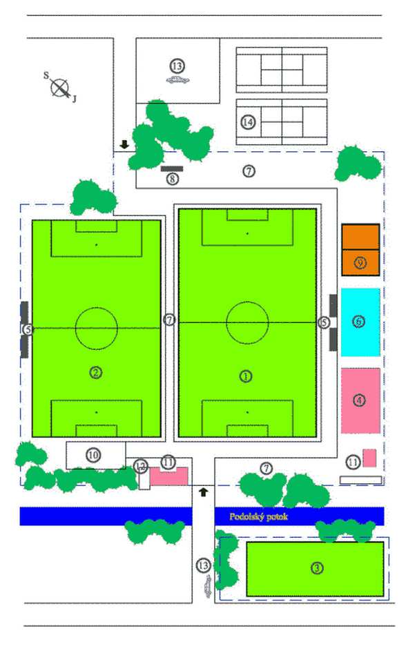 prostoru hřiště č. 3 s umělým povrchem u Podolského potoka ul.