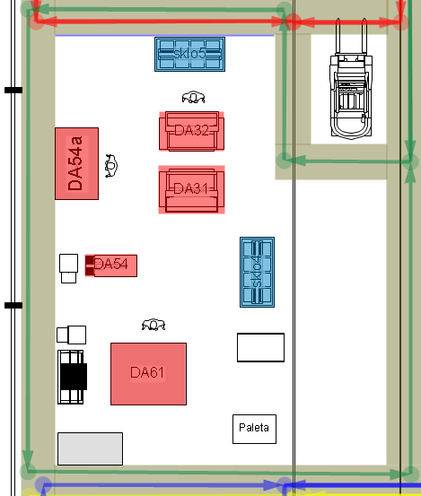 Obrázek 97-2D layout výrobní buňky pro zelený montážní tým s vyznačenými drahami Obrázek 98 - Navrhovaná výrobní buňka pro zelený montážní tým Výrobní buňka pro modrý montážní tým V této výrobní