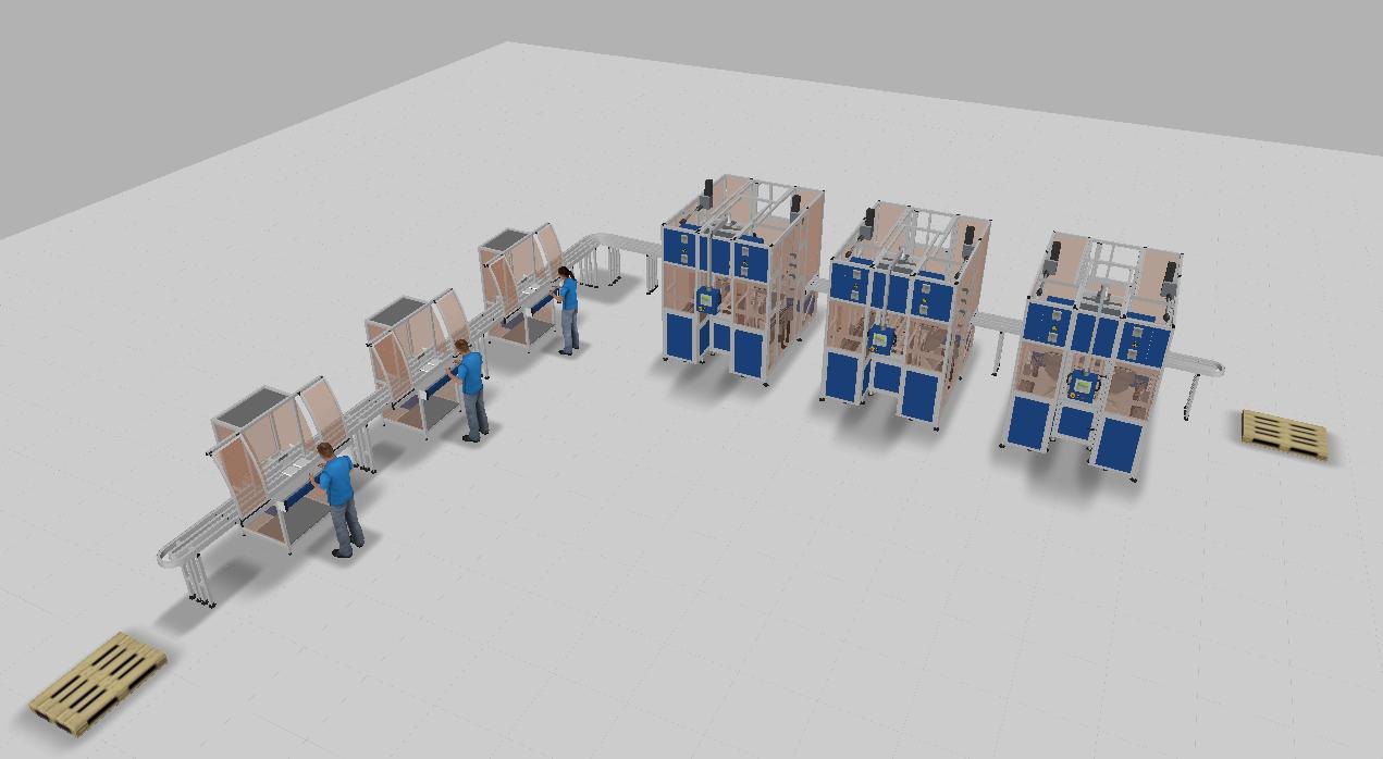 Obrázek 30-3D layout znázorňující linkovou výrobu s uspořádáním pracovišť do tvaru L Výrobní postup je zde stejný jako u přímého uspořádání pracovišť.