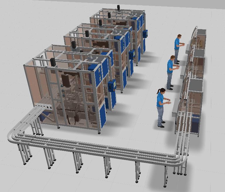 Obrázek 35-3D layout znázorňující linkovou výrobu s uspořádáním pracovišť do tvaru U Výrobní postup je opět stejný jako u předchozích uspořádání pracovišť. I zde jsou k dispozici pouze tři pracovníci.