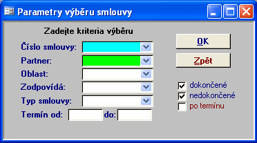 1.7.5 15 Karta smlouvy Funkce Kartu smlouvy otevřete přes okno parametrů výběru smlouvy, kde zadáte kritéria výběru a potvrdíte tlačítkem OK. Vygeneruje nové číslo dokladu.