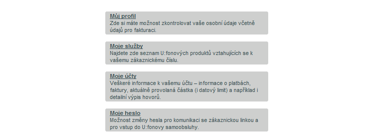 Úvodní strana Po přihlášení se vám zobrazí úvodní strana U:fonovy samoobsluhy. Zde najdete nejaktuálnější informace k vašemu účtu.