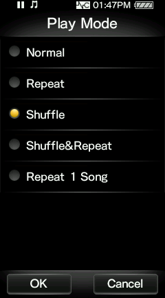 19 Základní operace a obrazovky Klepněte na možnost Play Mode. Klepněte na možnost Shuffle. Klepněte na možnost OK. Režim přehrávání se změní na Shuffle.