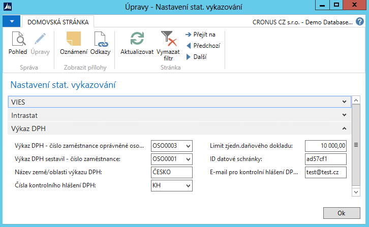 Nastavení stat. vykazování Ve formuláři Nastavení stat. vykazování nutno vyplnit: Čísla kontrolní hlášení číselná řada pro kontrolní hlášení Limit zjedn.