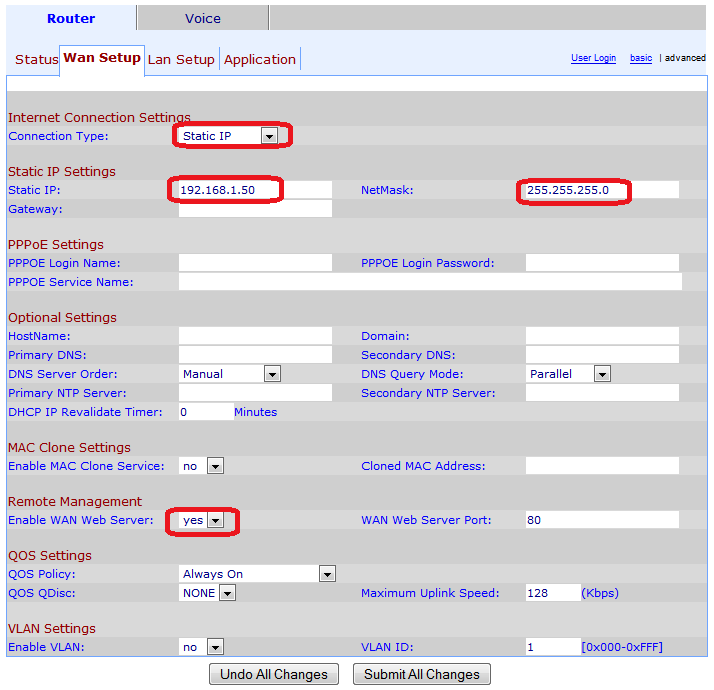 Klikněte na Admin login a Advanced Klikněte na Wan Setup V našem případě používám statickou IP adresu WAN rozhraní s IP 192.168.1.50 Umožněte WAN web server Klikněte na Submit all changes.