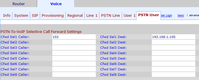 Dále je potřeba nastavit přesměrování PSTN to VoIP Selective Call Forwarding v záložce Voice - PSTN User. Pokud Linksys obdrží volání na 102 z PSTN strany, tak hovor pošle na IP adresu 192.168.1.100.