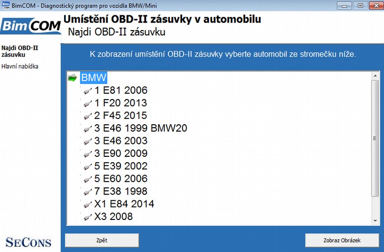 Pro snadnější nalezení konektoru můžete použít obrázky, které jsou dostupné z hlavního menu - Umístění OBD-II zásuvky. 5.