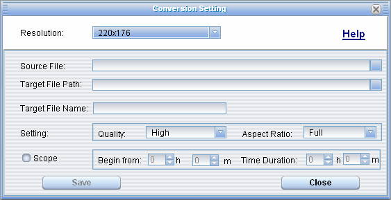 Konverze 1. Spusťte program AVIConverter : 2. Klepněte na tlačítko a zobrazí se okno Nastavení konverze [Conversion Setting]. 3.