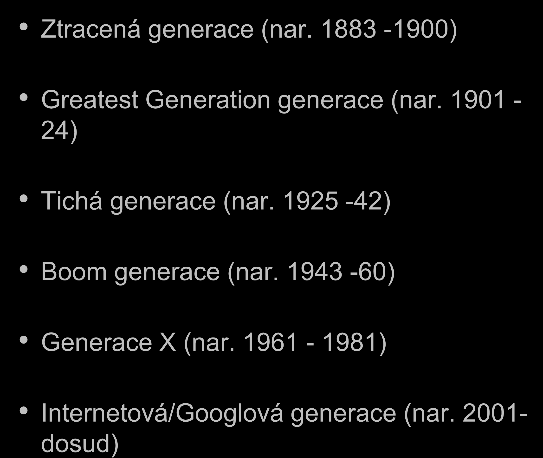 Ztracená generace (nar. 1883-1900) Greatest Generation generace (nar. 1901-24) Tichá generace (nar.