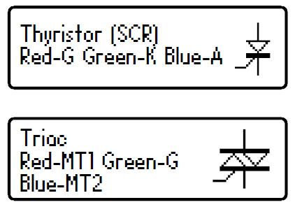 Tyristory (SCR) a Triaky Citlivé nízkovýkonové tyristory (silicon Controlled Rectifiers-scr) a triaky, které vyžadují proud elektrodou gate a tento proud je nižší než 10mA, mohou být testerem