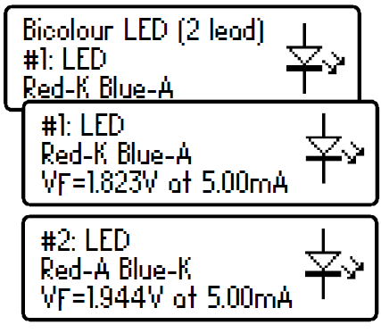 Dvoubarevné LED (s dvěma vodiči) Dvoubarevné LED se vyskytují ve dvou variantách. S dvěma nebo třemi vodiči. Tato část popisuje testování dvojbarevné LED s dvěma vodiči.