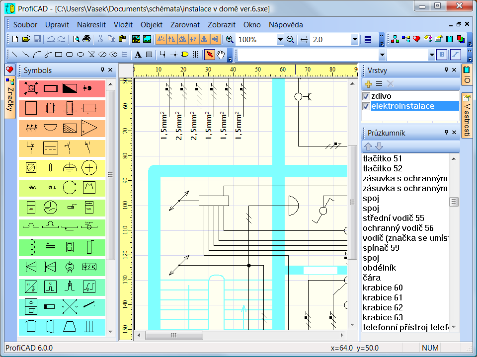 kreslení elektrotechnických schémat Program ProfiCAD - kreslení elektrotechnických schémat pracuje s třemi typy značek: značky z knihoven - načítají se ze souborů s příponou PPD.