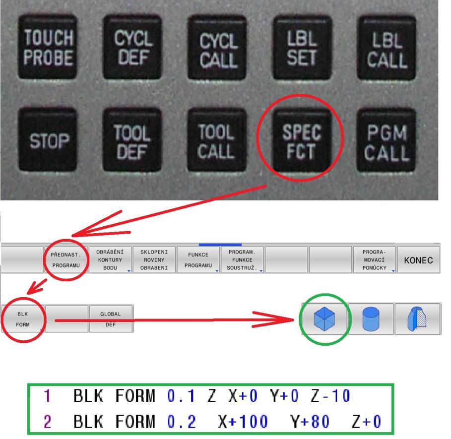 SPEC FCT určíme minimální a maximální hodnoty souřadnic X, Y a Z, se kterými budeme v programu pracovat. V případě chybného zadání lze BLK FORM smazat a znovu zadat.