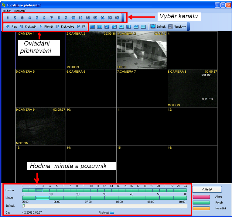 Vzdálené vyhledávání graficky znázorňuje záznamy videa uložené v DVR. Záznamy jsou barevně rozlišeny: Normální(žlutá) Pohyb(zelená) Alarm(červená) Vyberte požadované datum a čas.