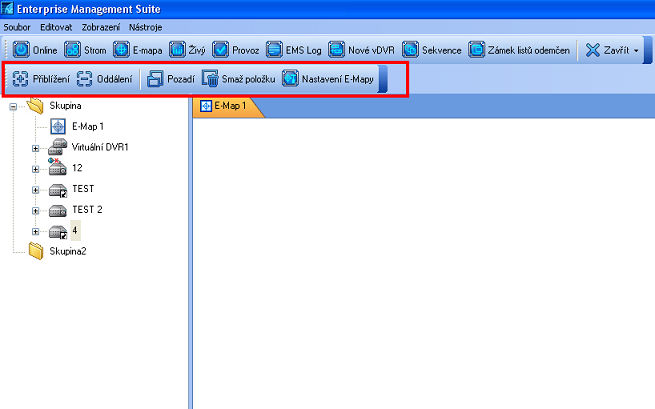 VII. E-MAPA 1. Editace 1.Pravým klikem na Skupina se objeví kontextové menu nebo klikem na ikonu v panelu nástrojů se vytvoří nová E-mapa. 2. Zobrazí se ovládací tlačítka E-mapy.