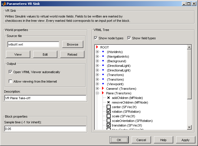 Práce s Simulink 3D Animation Asociujte Simulinkový model s virtuální scénou Signálům Simulinku přiřaďte vlastnosti objektů ve virtuálním světě Vytvořte vhodné pohledy, aby bylo možné