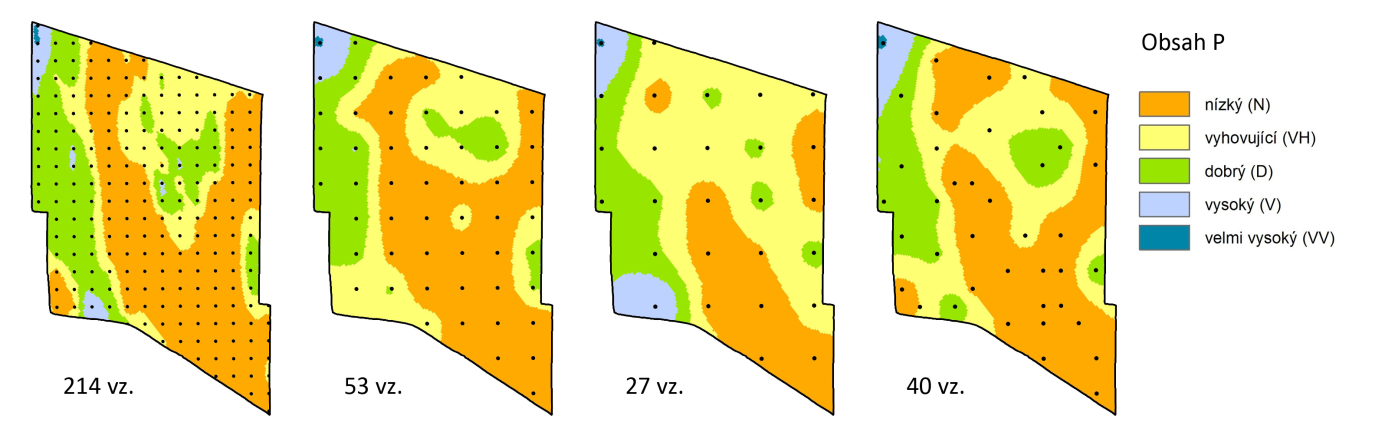 Obr. 3 Vliv hustoty vzorkování (počtu vzorků) na zásobenost půdy P na pozemku o výměře 52 ha. Podobně jako hustota má význam také rozmístění odběrových bodů v rámci pozemku, tzv.