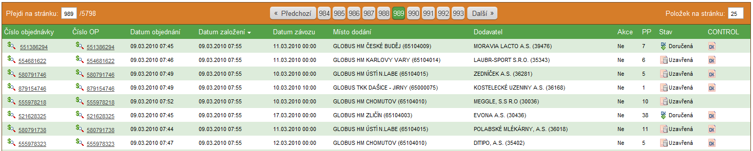 ZPRÁVA CONTROL Některé formuláře jako například přehled objednávek obsahují nové pole CONTROL.