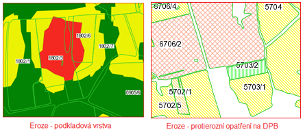 Obrázek 8 Vrstvy Eroze v uživatelském stromě a legenda k erozi Na obrázku je ukázka podkladové vrstvy erozní ohroženosti a vrstvy protierozního opatření na DPB. Obrázek 9 Eroze v mapě 4.2.