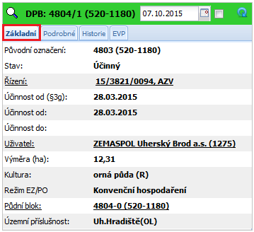 Po stisku tlačítka Vyhledat se v infopanelu zobrazí nalezený DPB. Obrázek 17 Vyhledaný záznam Po kliknutí na ikonku lupy na začátku řádku se DPB zobrazí v mapě.