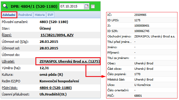 Základní informace o uživateli zobrazíte kliknutím na aktivní odkaz uživatele DPB v záložce Základní.