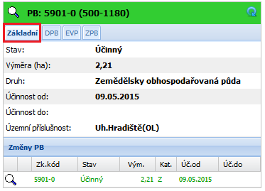 Obrázek 32 Detail PB Na detailu PB se nabízí tři záložky DPB DPB, které PB obsahuje EVP - EVP, které PB obsahuje ZPB zbytkové plochy, které PB obsahuje 4.5.3.1 Záložka ZPB na PB (zbytkové plochy půdních bloků) ZPB je plocha v rámci PB, ke které není evidován účinný DPB, je evidována jako tzv.