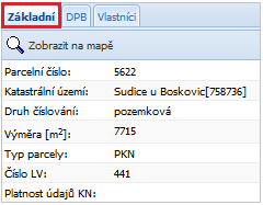 Obrázek 39 Vrstvy katastru Poklikem na řádek konkrétní parcely nebo na parcelu KN v mapovém okně v místě, kde jsou zobrazovány mapy KM-D, KMD, DKM nebo po prokliknutí definičního bodu, se vpravo na