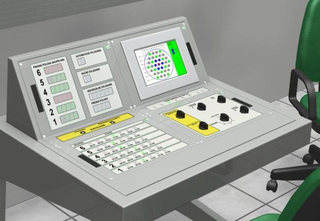 Na šikmé části pultu jsou zobrazovány následující informace: jemná střední poloha kazet každé ze skupin 1až 6 (v mm) číslo pracovní skupiny kazet, vybrané pro automatické řízení od RCS a RLS číslo