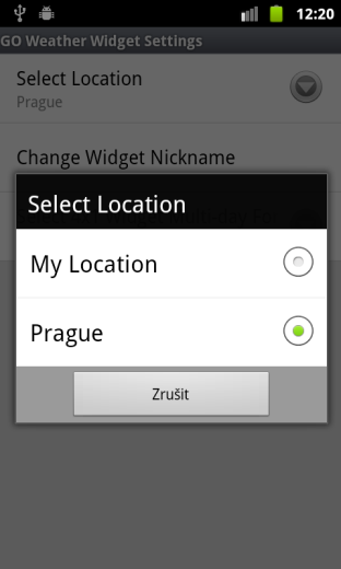 3. Krok- Vybrání možnosti Widget. 4. Krok- Vybrat GO Weather Widget (4x2). 5. Krok- Přidat místo pro počasí. 6.