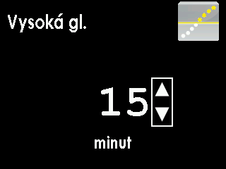 6 6.2.1 NASTAVENÍ DOBY ODLOŽENÍ VÝSTRAH VYSOKÉ A NÍZKÉ GLYKÉMIE Mezi opakovanými výstrahami vysoké nebo nízké glykémie lze nastavit dobu odložení na každých 15