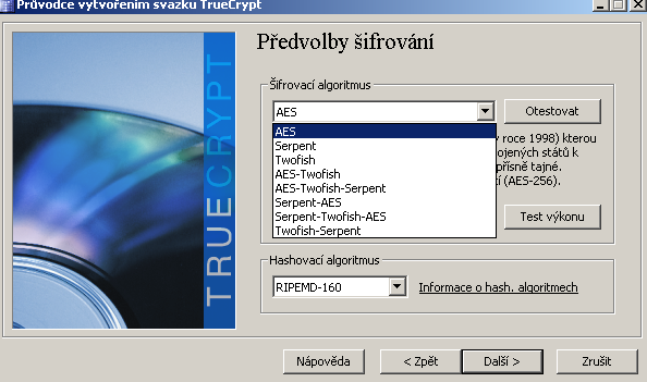 - Vytvoření zašifrovaného souborového svazku (kontejner) : vytvoří šifrovaný virtuální disk v rámci souboru. Tuto nabídku program doporučuje pro nezkušené uţivatele.