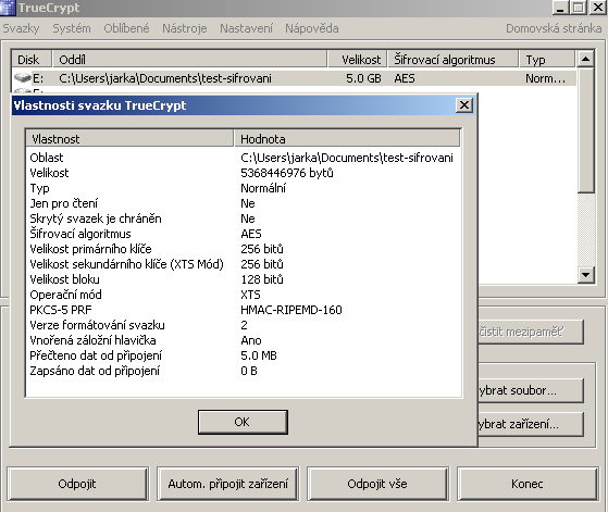 Následně se určuje velikost svazku já určila 5GB. Dále se uţ zadává uţivatelem vymyšlené heslo. TrueCrypt definuje v průvodci, co znamená bezpečné heslo.