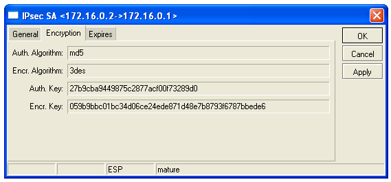 zápis v terminálu: ip ipsec proposal add name="default" auth-algorithms=md5,sha1 \ enc-algorithms=3des,aes-256 lifetime=1m lifebytes=0 pfs-group=no \ disabled=no Kontrola šifrovacích klíčů: Z obrázku