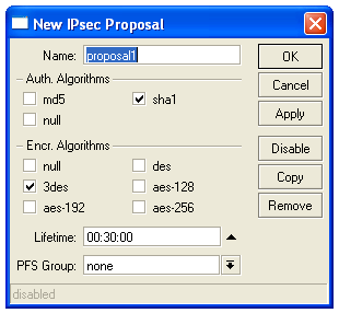 Proposal Auth. Algorithms: výběr autentizačních metod, které chceme uplatnit. Encr. Algorithms: výběr šifrovacích metod, které chceme uplatnit.