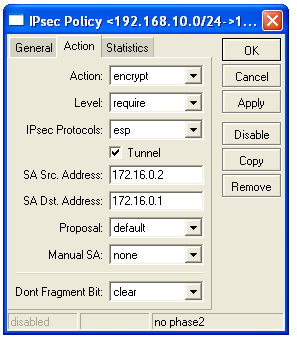 zápis v terminálu: ip ipsec policy add src-address=192.168.1.0/24 dst-address=192.168.3.0/24 \ sa-src-address=172.16.0.2 sa-dst-address=172.16.0.1 action=encrypt \ tunnel=yes Peer Zde je jsme nastavili IP adresu Peera, tzn.