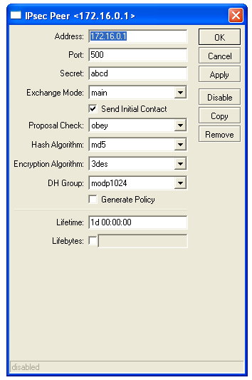 zápis v terminálu: ip ipsec peer add address=172.16.0.1 secret= abcd \ dh-group=modp1024 hash-algorithm=md5 enc-algorithm=3des Proposal Název jsme ponechali default.