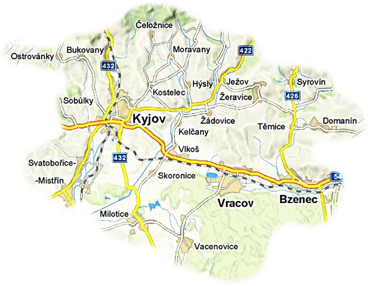 MAPA TERITORIÁLNÍ PŮSOBNOSTI CHARITY KYJOV Charita Kyjov poskytuje