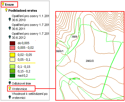 Vrstevnice si můžete v mapě zobrazit aktivací vrstvy Vrstevnice pod návěstím Eroze. Obrázek 10 Vrstva vrstevnic 1.2.